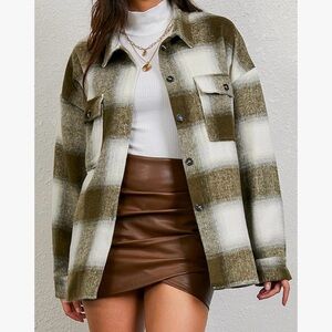 Olive and Cream Plaid Utility Jacket with Pockets